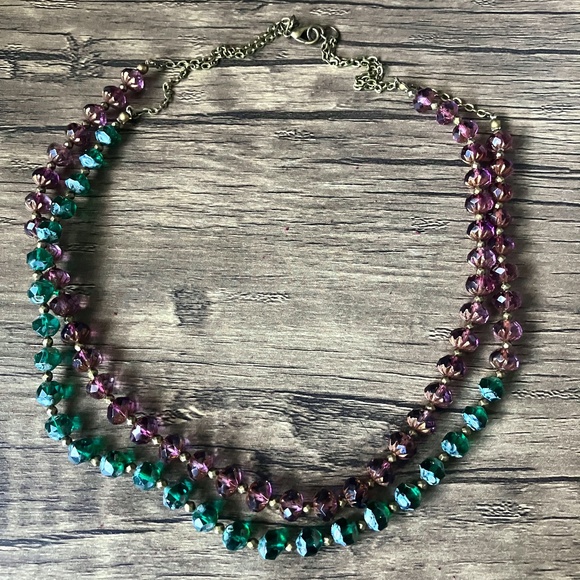 Purple and Green Faceted Czech Glass Beaded Layered Necklace Brass Accents - Picture 1 of 12